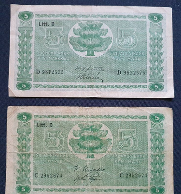 2 kappaletta 5 markkaa 1939 Litt. D