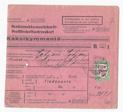 # 23909 # Pe.osoitus vapaakirje Kuopio > Ruukki - 1929