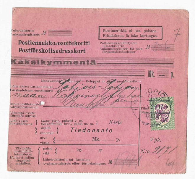 # 23909 # Pe.osoitus vapaakirje Kuopio > Ruukki - 1929