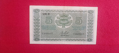 5 markkaa 1922 Litt C vaikeampi allekirj.pari Ryti-Kivikoski