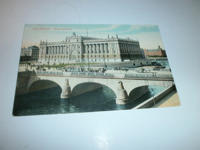 Stockholm Riksdagshuset, silta, raitiovaunu, hevosia k. 1911