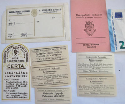 VANHOJA Lääke Apteekki Etikettejä Widbom Pori 1920-l