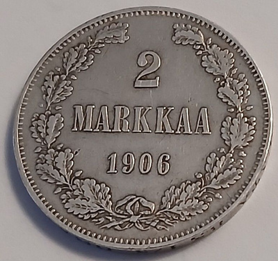 Hopea 2 markka vuodelta 1906.