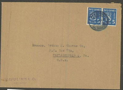 M30 1945 5mk sin.leijona pari kirje USAhan -46