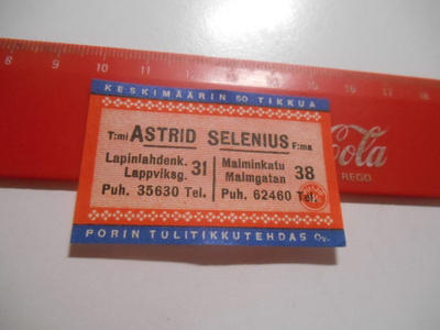 TT Etiketti Puijo T:mi Astrid Selenius Lapinlahdenk. 31