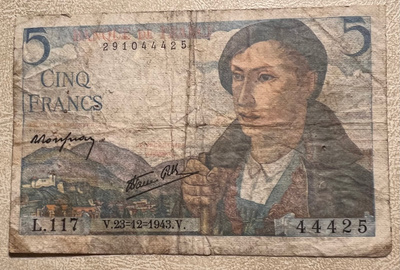 Ranskan 5 Francs 1943