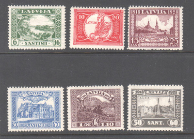 Latvia 1928  Itsenäisyys 10 vuotta sarja liimakkeellisena.