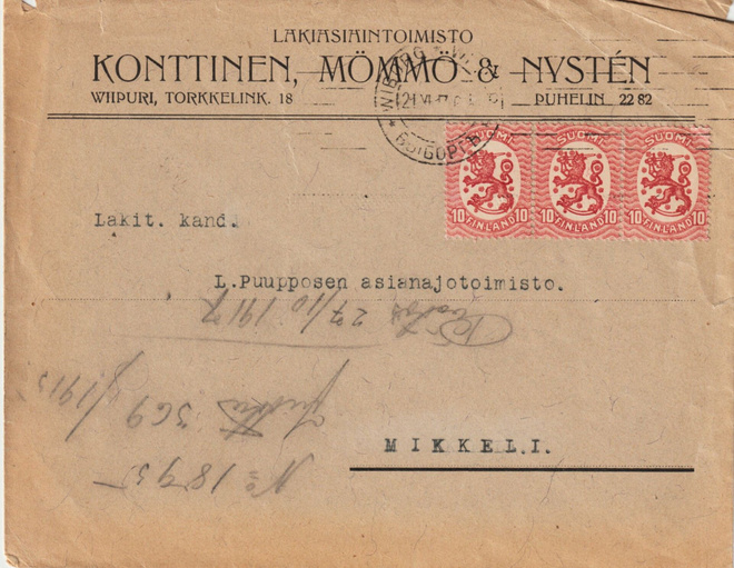 1917 3x10p Saarisen mallin merkit kirjeessä Viipuri>Mikkeli