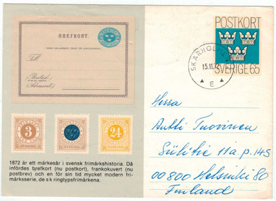 1972 65 äyrin erikoisehiökortti Suomeen