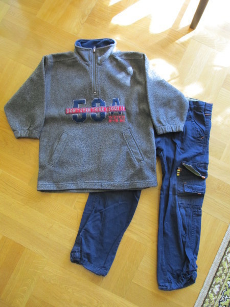 Harmaa FLEECEHUPPARI 116 + Lindex siniset HOUSUT 116 !