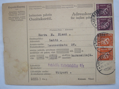 Kotimaisen Paketin Osoitekortti Viipuri Kolikkomäki 1930