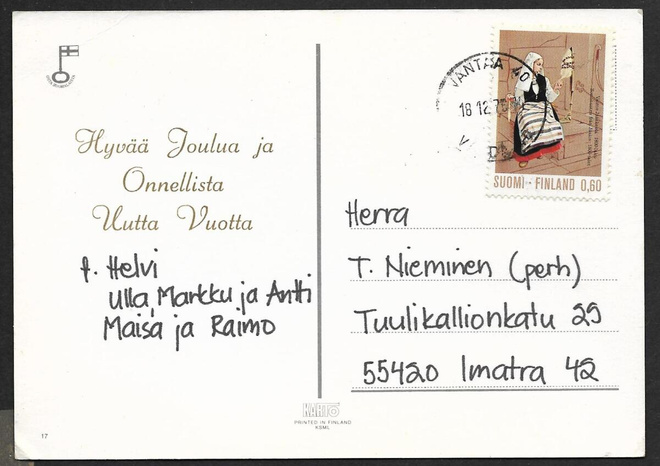 Postilähetys - Kansanpuvut 1973 (LAPE 733) Vantaa 18.12.75