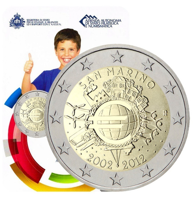 ** SAN MARINO 2€ 2012 Euro 10 vuotta kansiossa **