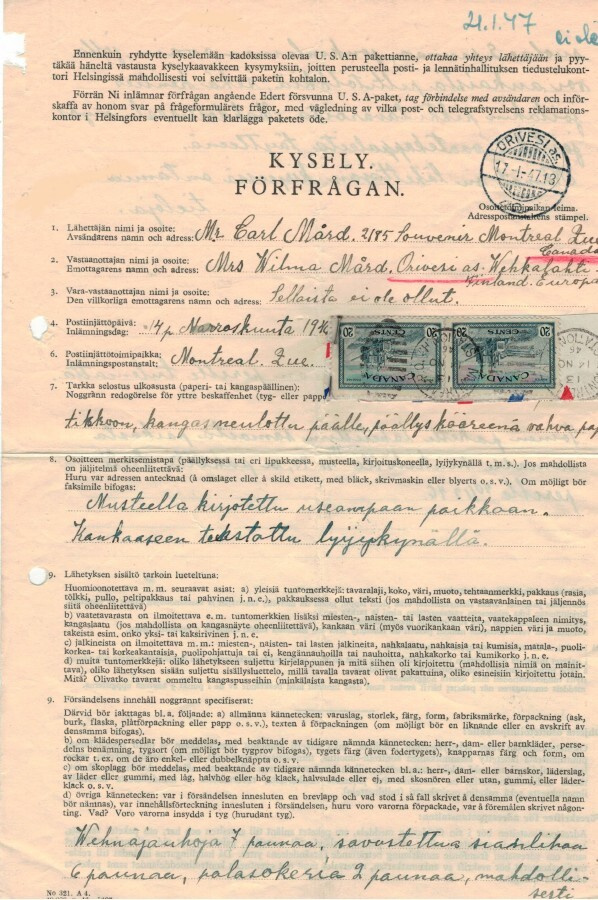 1947 "KYSELY" kanadalaisesta paketista