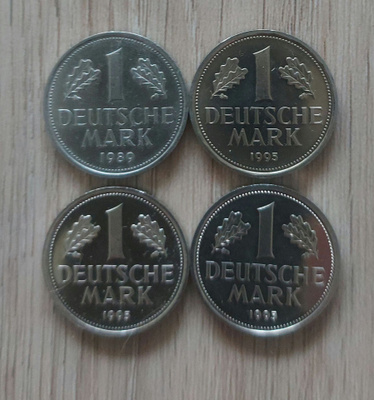 1 Deutsche Mark -kolikot 4 kpl erä, 1989 & 1995, Proof / UNC