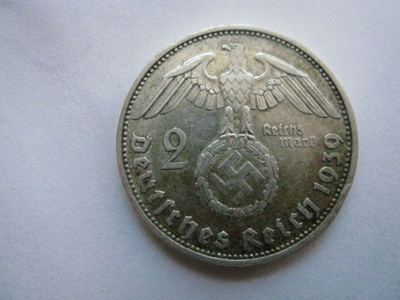 Natsi-Saksa 2 reichsmark 1939 E Hindenburg hopeaa