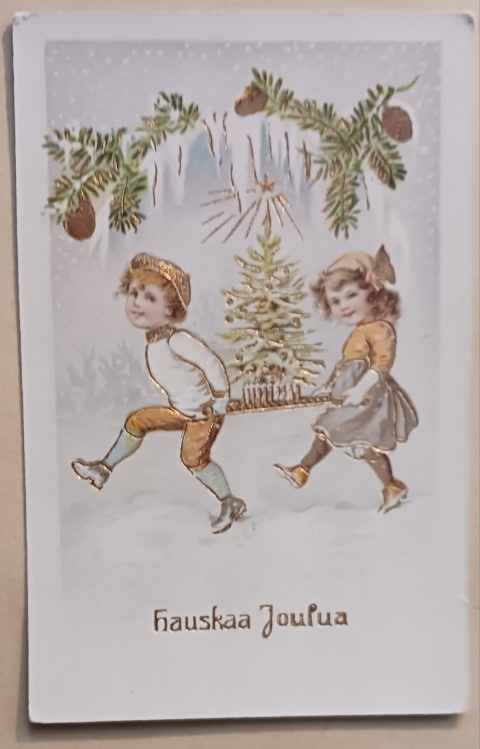 Lapset kantavat joulukuusta,  havuja, käpyjä, p. 1913