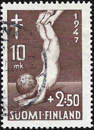 1947 Tuberkuloosi merkki 10 + 2:50 mk leimattu LaPe 338
