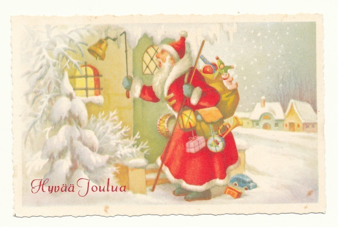 Joulupukki ovella - vanha kortti