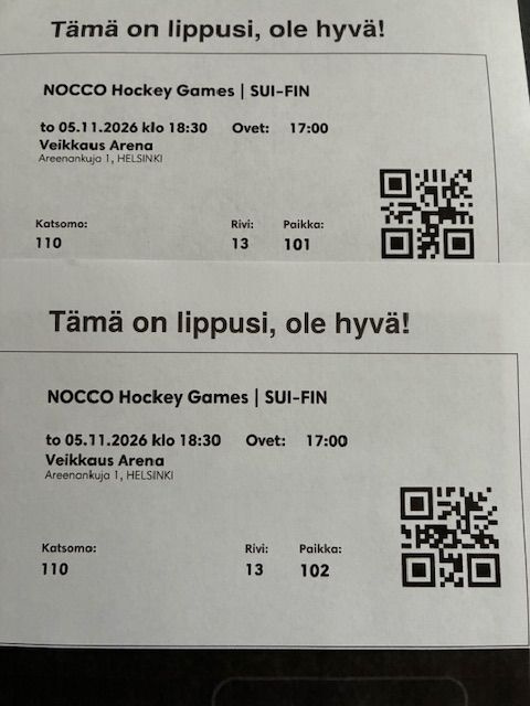 Suomi-Sveitsi 2 lippua NOCCO Hockey Games to 5.11.
