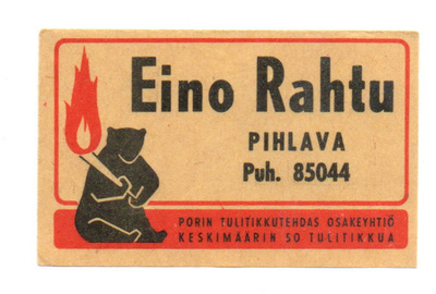 Porin Tulitikkutehdas EINO RAHTU. Pihlava. Etiketti