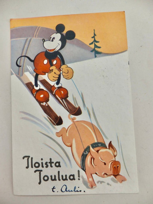 VANHA Postikortti Joulukortti Mikki Hiiri Disney 1930-l