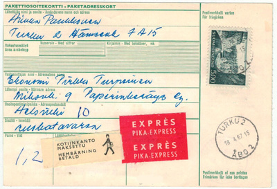 M63 1964 5,00mk Ristikallio pikapaketti, kotiinkanto pyydett