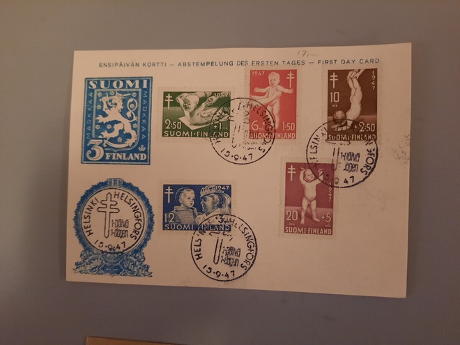FDC Suomi, kortti 1947 TUB EL, blanco
