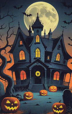 Halloween talo, kurpitsat pihamaalla