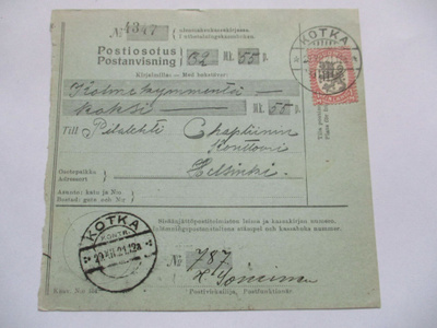 1921 Kotka kontr. postiosoitus Pilalehti Chaplinille Hkiin
