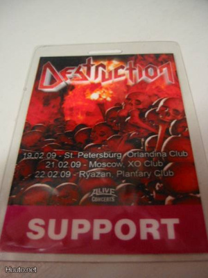 Destruction  Venäjän kiertue 09 backstage-passi, laminoitu .