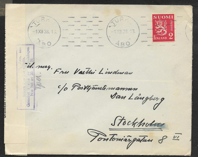 Postil. - Yl.m. 2mk (LAPE 197) Åbo 1.12.39 + sensliuska+sens