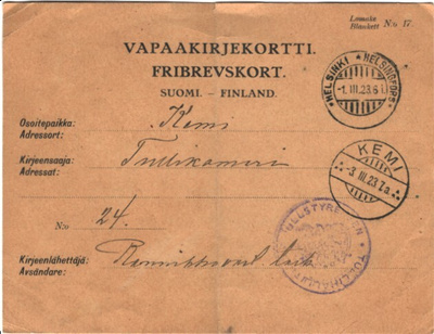 VAPAAKIRJEK. HELSINKI-KEMI+ TULLIHALLITUS SINETTIL.