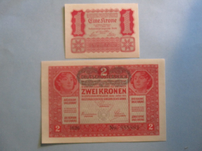 AUSTRIA 1 KRONE 1922 + 2 KRONE 1917 UNC (K15-S78)