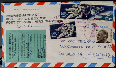 USA, kirje avaruusmerkein 1968 Suomeen