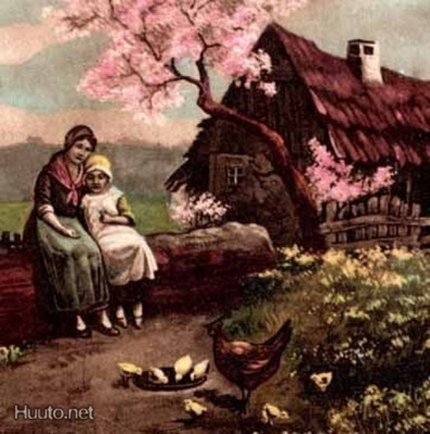 ÄITI / Äiti ja tytär istuvat puun rungolla. 1900-l.