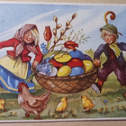 Pääsiäismunia, kukkia, pajunkissoja kannetaan korilla, 1934 - pikkukuva 1