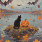 Halloween musta kissa katselee järvelle - pikkukuva 1