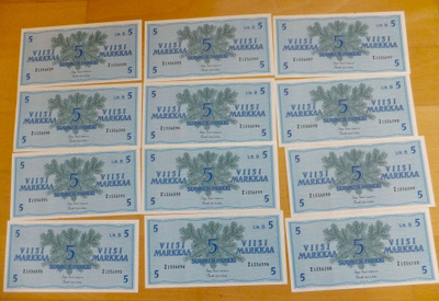 12 x 5 mk 1963 Litt B sarja Pakkasileät Numerot Peräkkäin