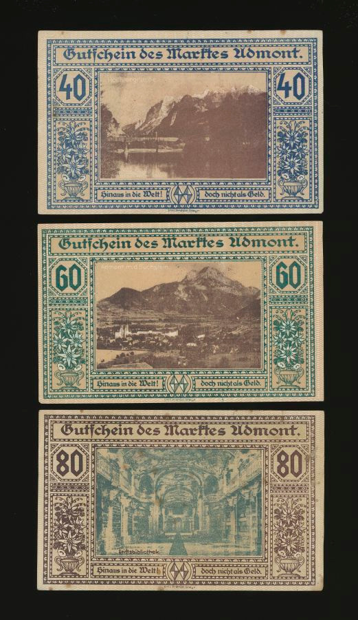 Itävalta Notgeld 40, 60, 80 Heller, Admont 1920 VF