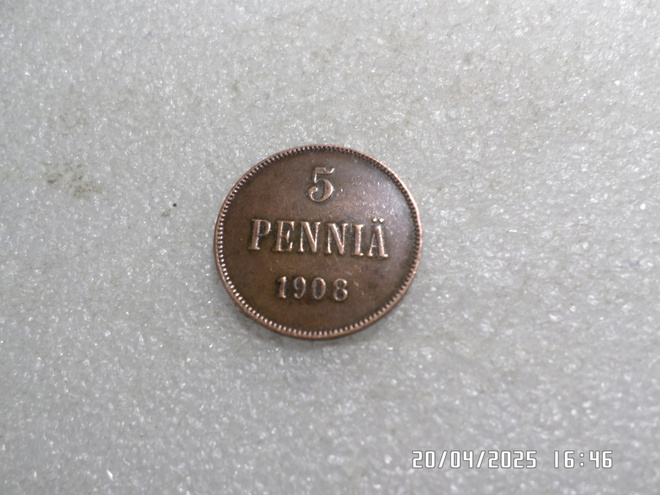 5 penniä  1908   Kulkematon     kl 9 -10