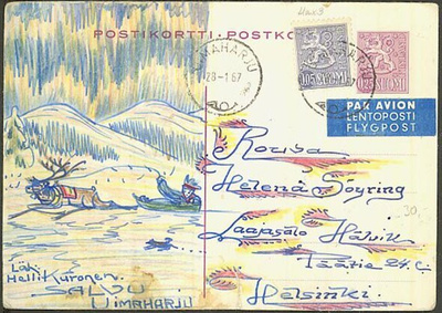 1963 25p ehiökortti lisämerkein - lentokortti  Uimaharju-Hki