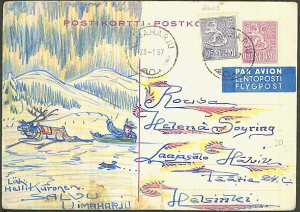 1963 25p ehiökortti lisämerkein - lentokortti  Uimaharju-Hki