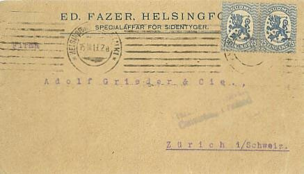 1917 25p sininen pari kirje Sveitsiin