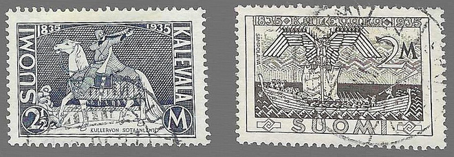 1935 2 MK JA 2.50 MK KALEVALAN 100V. LEIMATTUINA LIIMAKKEILL