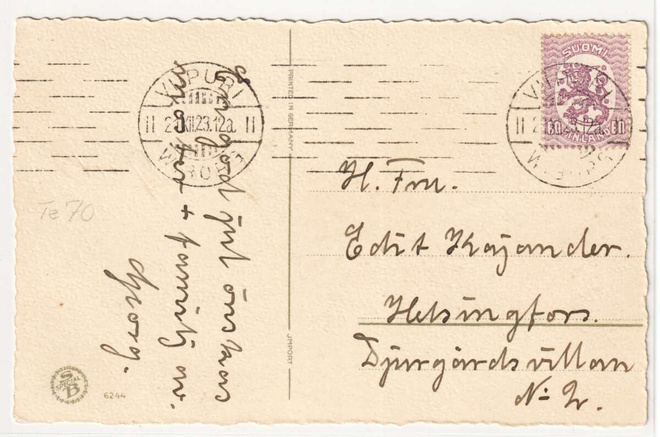 1923 Joulukortti Viipurista Helsinkiin, hyvä ketjuleima