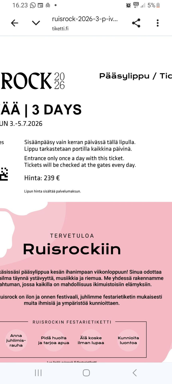 Ruisrock 2026 3 päivän lippu