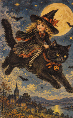 Halloween tyttö lentää mustan kissan selässä