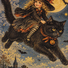 Halloween tyttö lentää mustan kissan selässä - pikkukuva 1