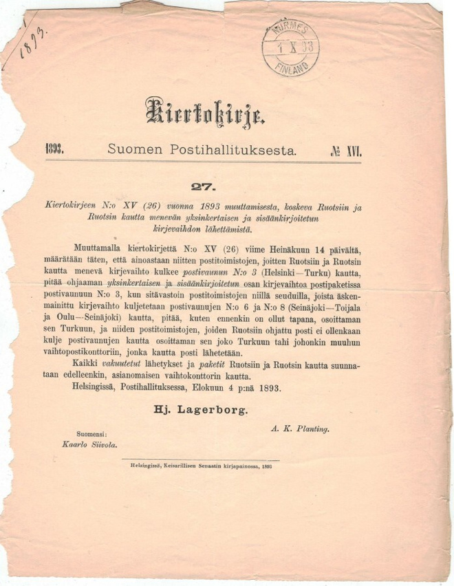 1893 NURMES-FINLAND postin kiertokirjeellä